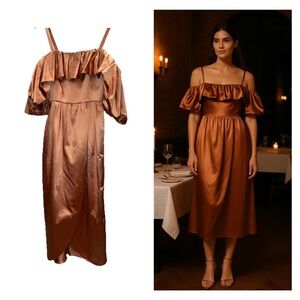 ULLA JOHNSON Lelita dress midi satin copper 8 off shoulder cocktail formal NWT